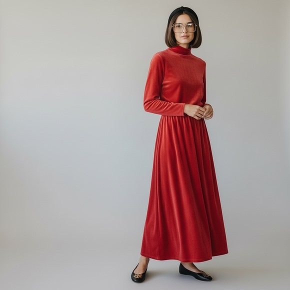 Vintage Fads 80s velour red mock neck maxi dress comfy Warm soft casual - Picture 4 of 11